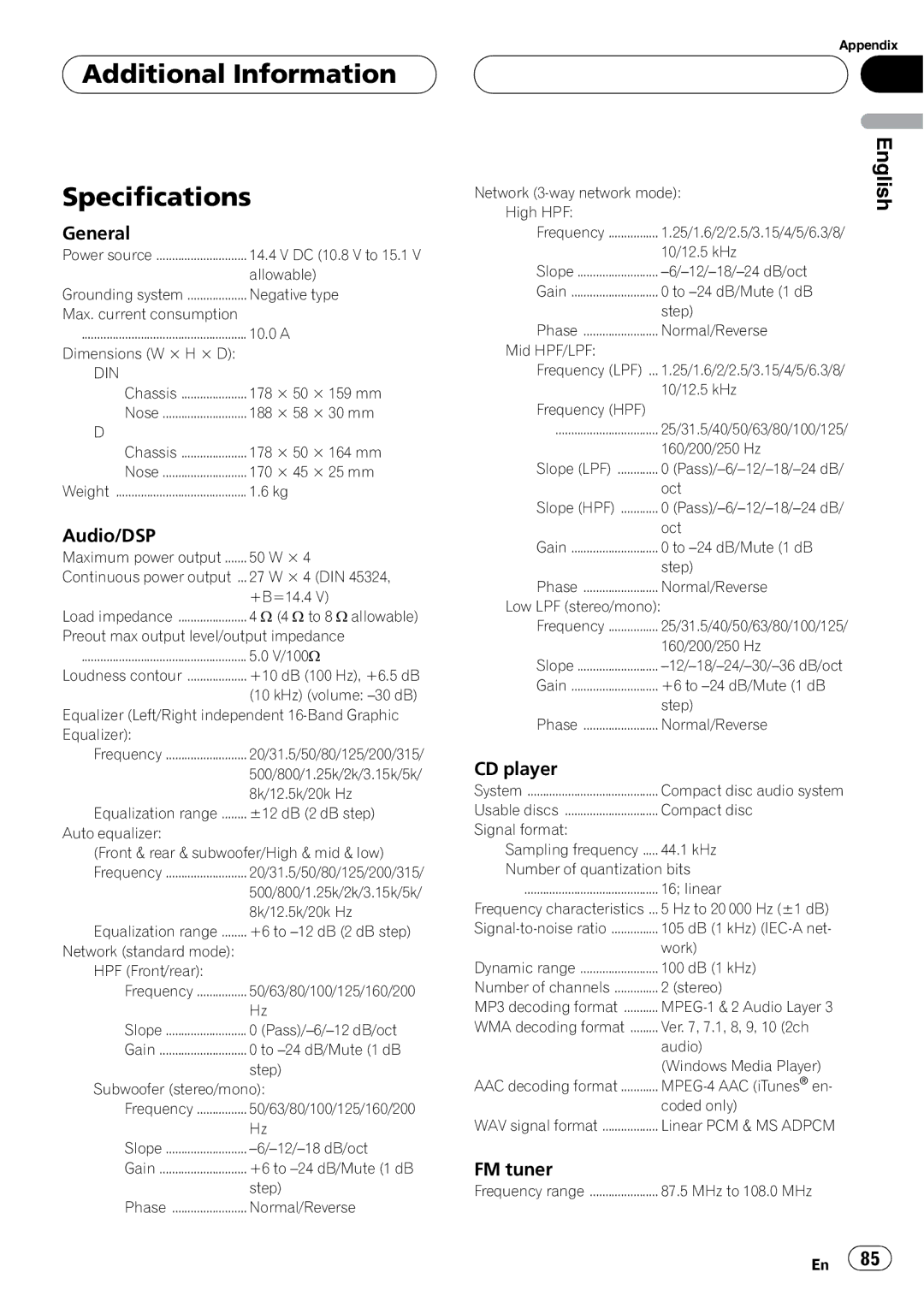 Pioneer DEH-P88RS operation manual Additional Information Specifications, General 