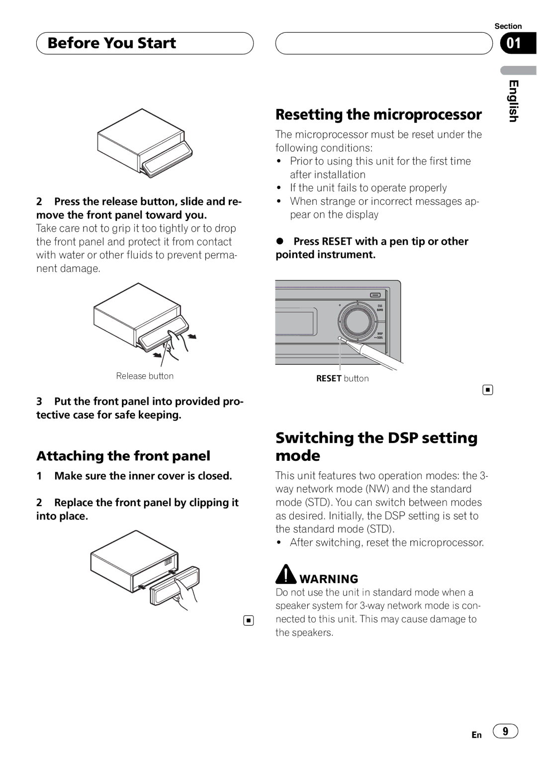 Pioneer DEH-P88RS operation manual Resetting the microprocessor, Switching the DSP setting mode, Attaching the front panel 