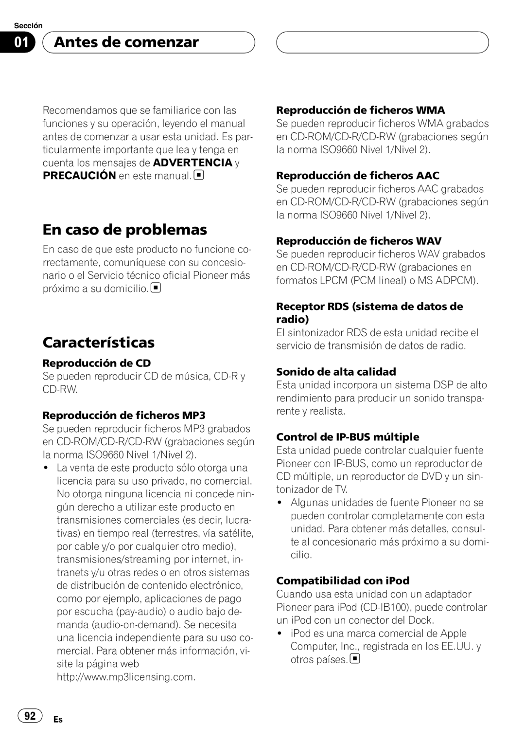 Pioneer DEH-P88RS operation manual En caso de problemas, Características 