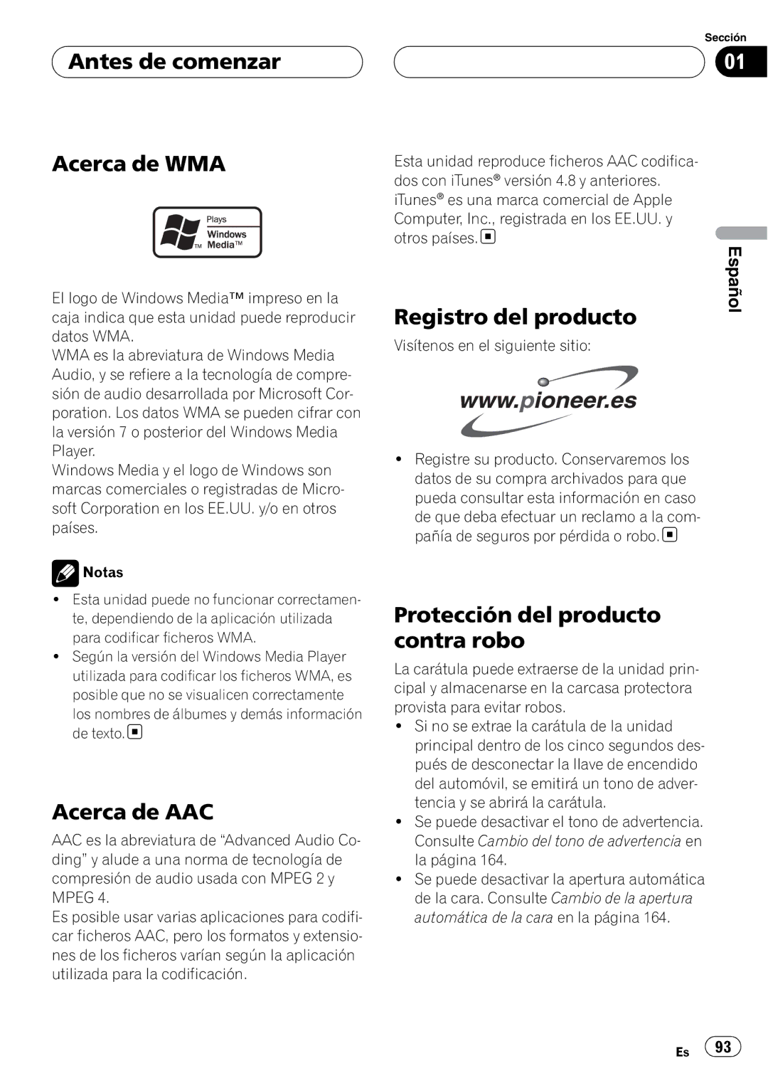 Pioneer DEH-P88RS operation manual Antes de comenzar Acerca de WMA, Acerca de AAC, Registro del producto 