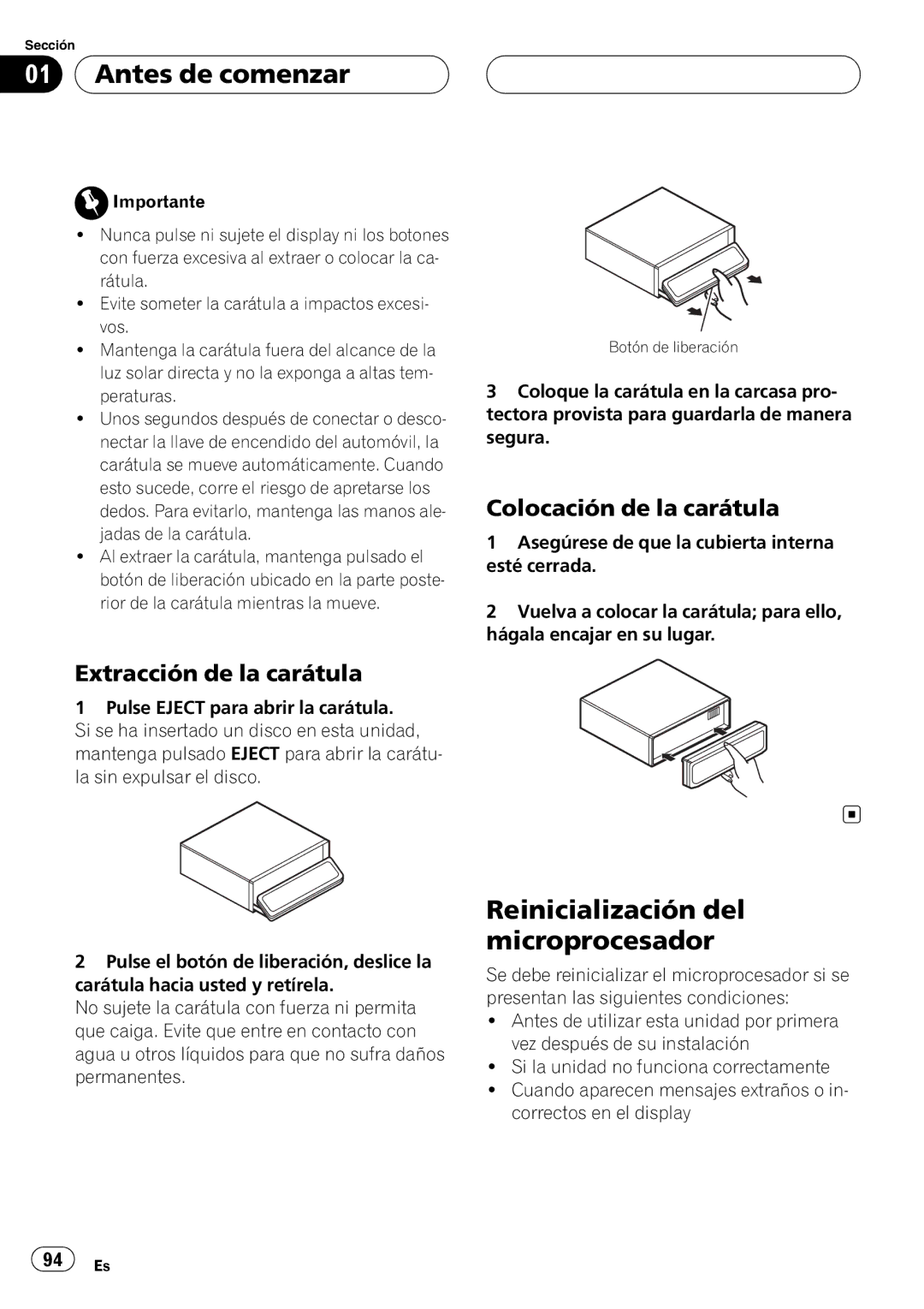 Pioneer DEH-P88RS Reinicialización del microprocesador, Extracción de la carátula, Colocación de la carátula 