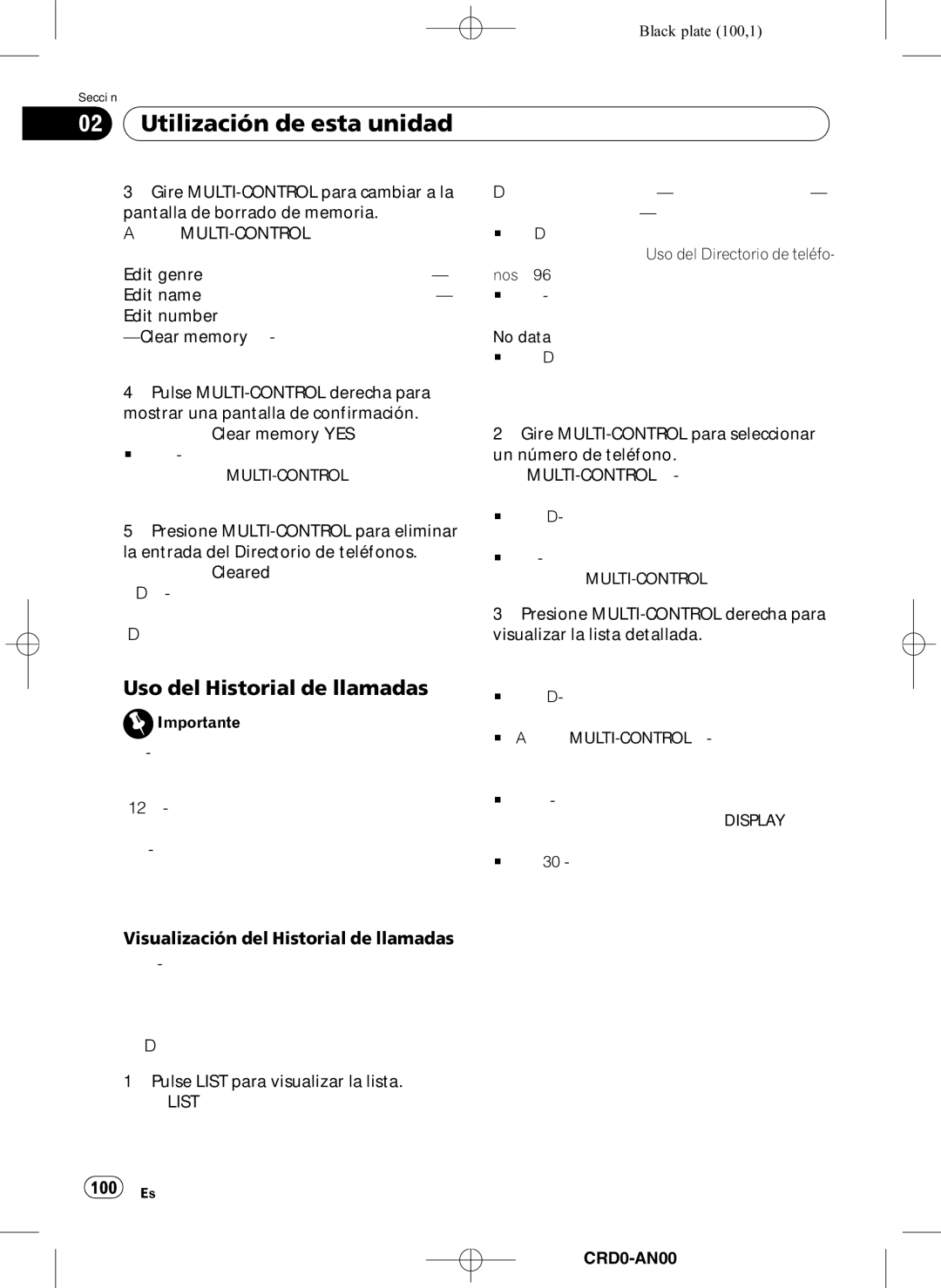 Pioneer DEH-P8950BT Uso del Historial de llamadas, Visualización del Historial de llamadas, 100 Es, CRD4206-A/N100 