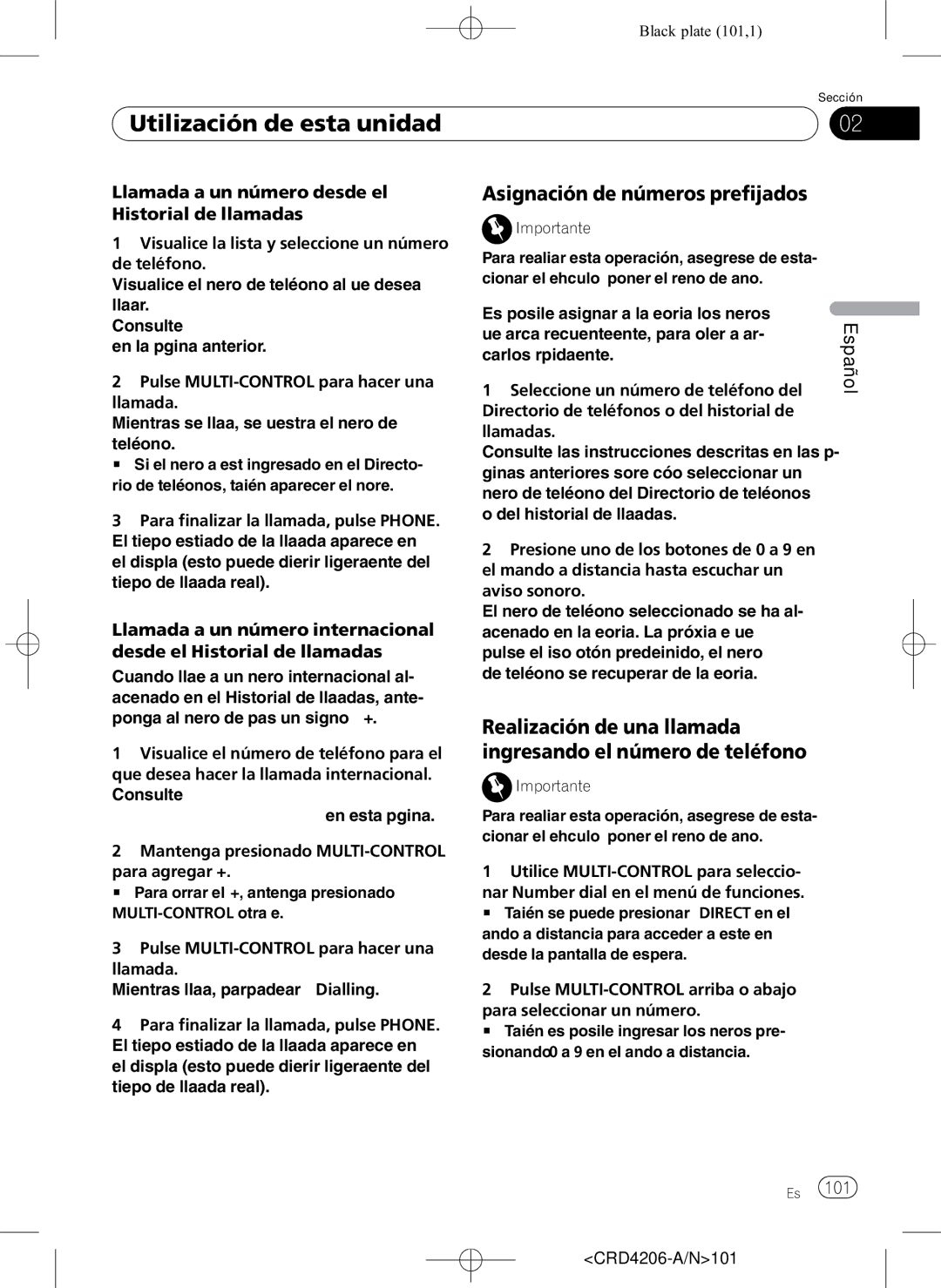 Pioneer DEH-P8950BT Asignación de números prefijados, Realización de una llamada ingresando el número de teléfono, 101 