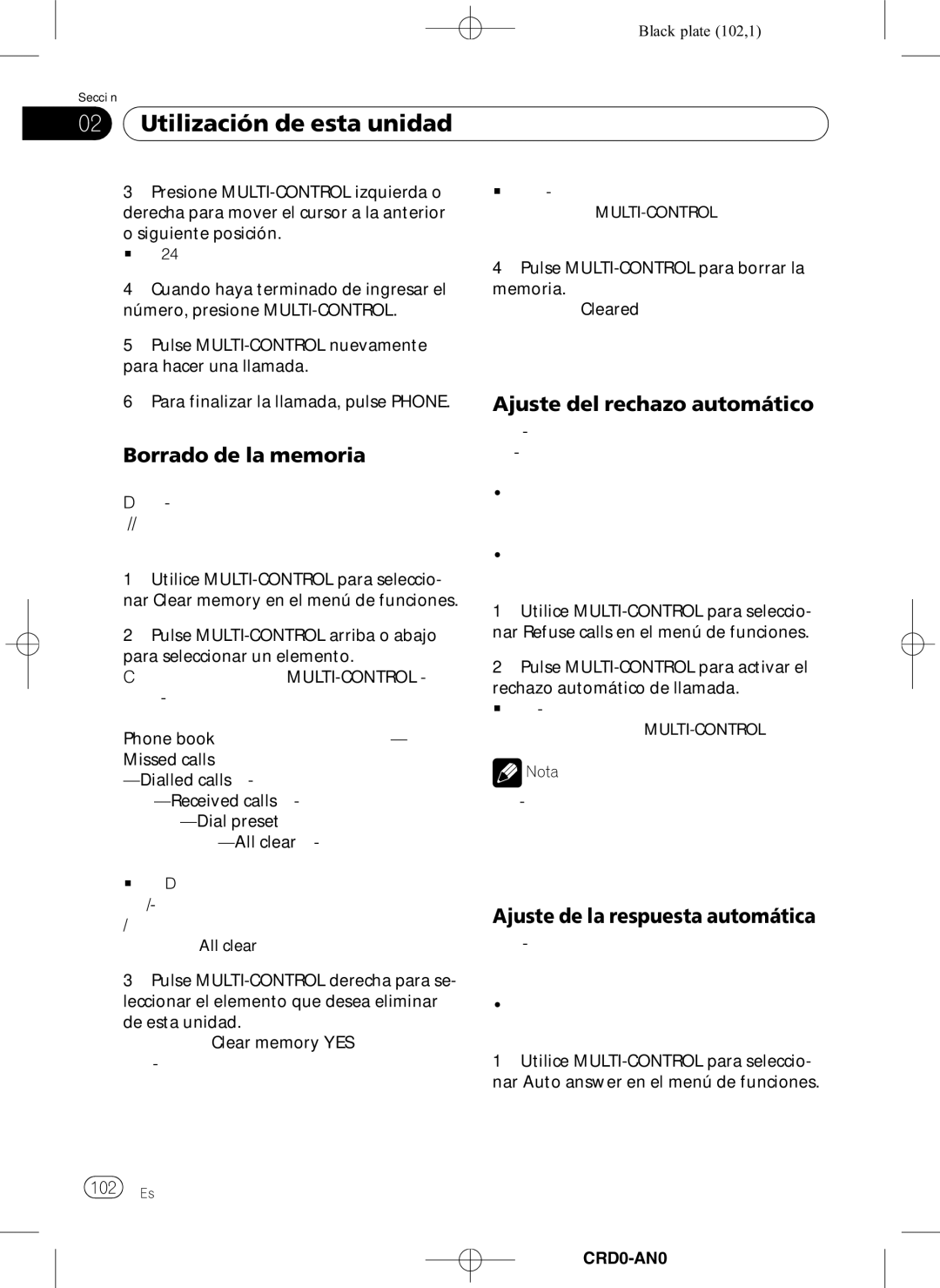 Pioneer DEH-P8950BT Borrado de la memoria, Ajuste del rechazo automático, Ajuste de la respuesta automática, 102 Es 