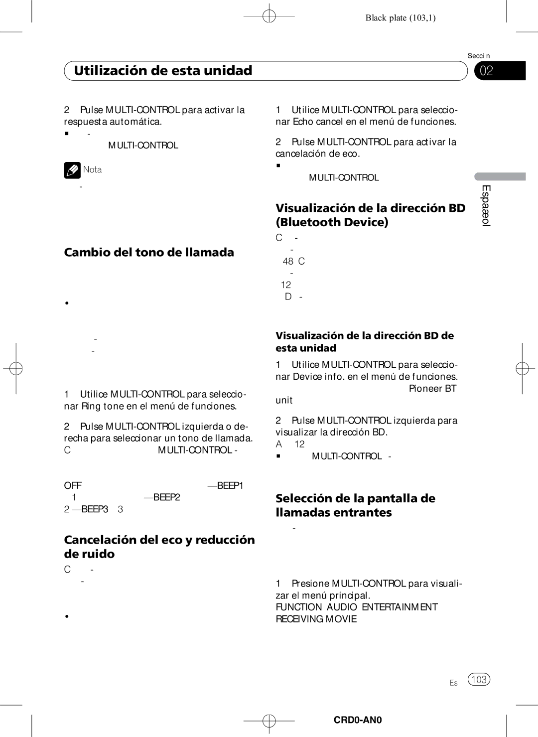 Pioneer DEH-P8950BT Cambio del tono de llamada, Cancelación del eco y reducción de ruido, Visualización de la dirección BD 