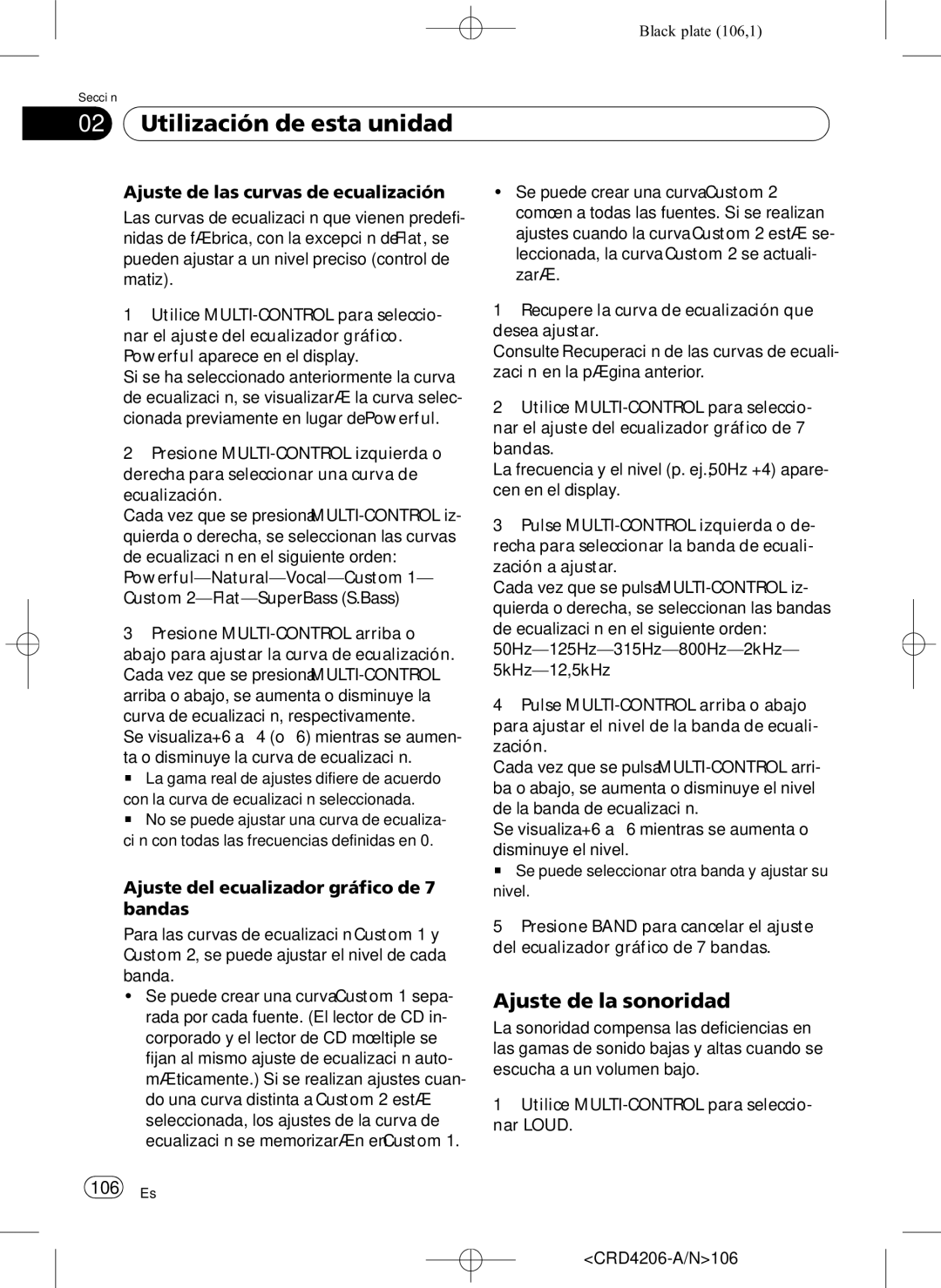 Pioneer DEH-P8950BT operation manual Ajuste de la sonoridad, Ajuste de las curvas de ecualización, 106 Es, CRD4206-A/N106 