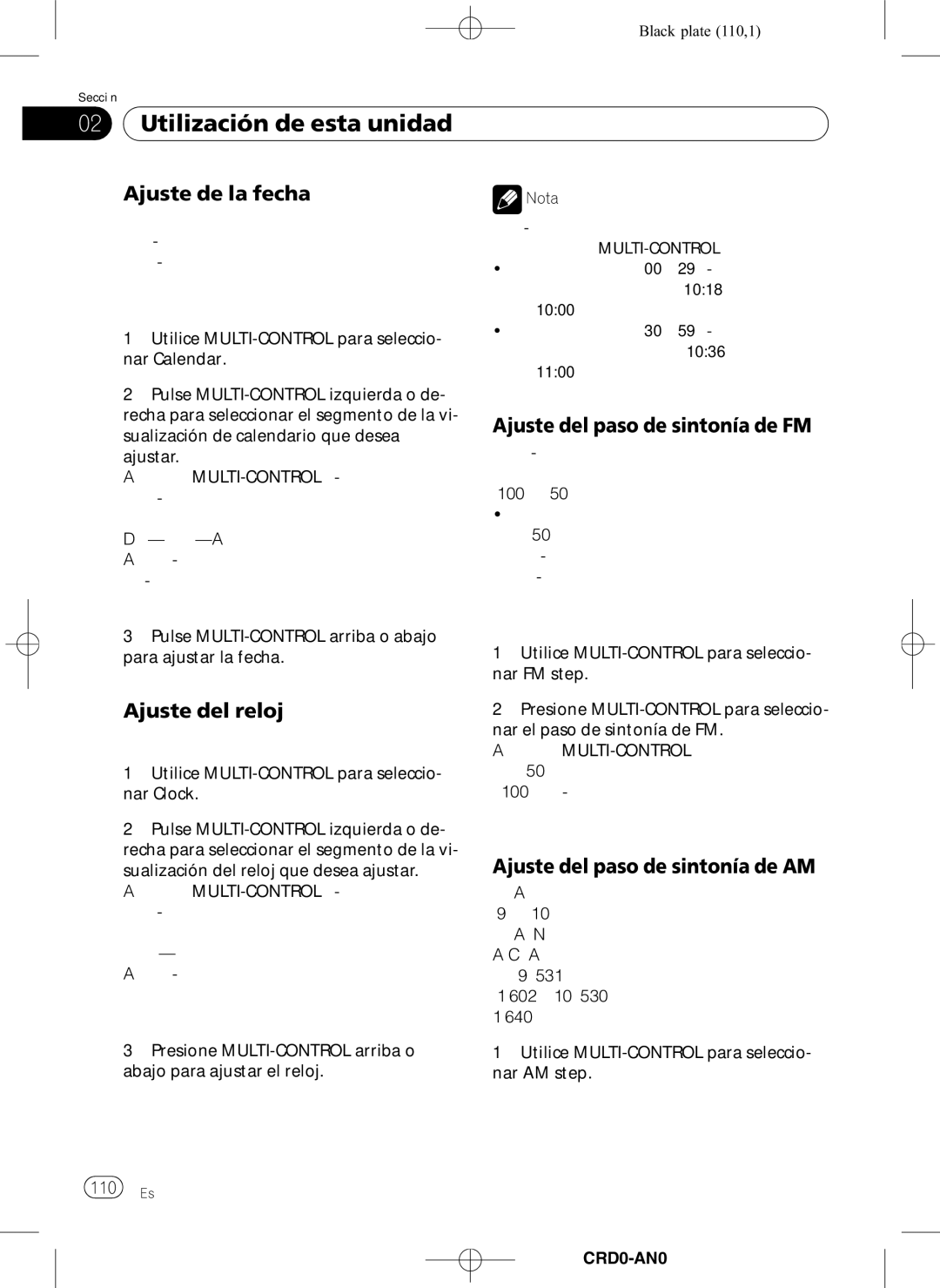 Pioneer DEH-P8950BT operation manual Ajuste de la fecha, Ajuste del reloj, Ajuste del paso de sintonía de FM, 110 Es 