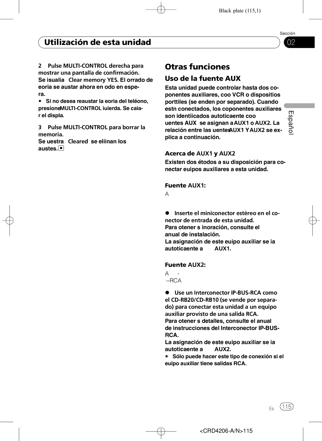 Pioneer DEH-P8950BT operation manual Otras funciones, Uso de la fuente AUX, Acerca de AUX1 y AUX2, Fuente AUX1, Fuente AUX2 