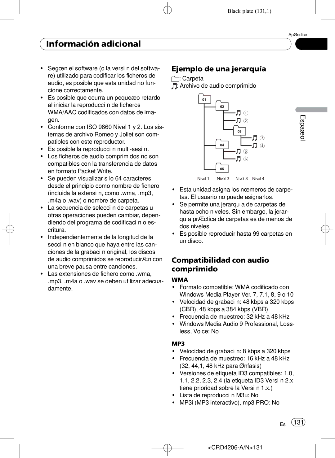 Pioneer DEH-P8950BT Información adicional, Ejemplo de una jerarquía, Compatibilidad con audio comprimido, CRD4206-A/N131 