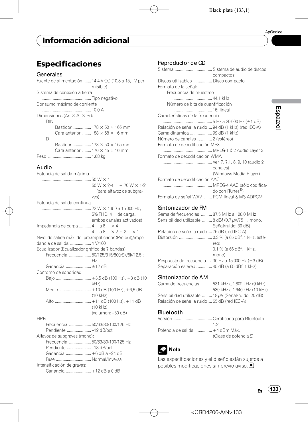 Pioneer DEH-P8950BT operation manual Información adicional Especificaciones 