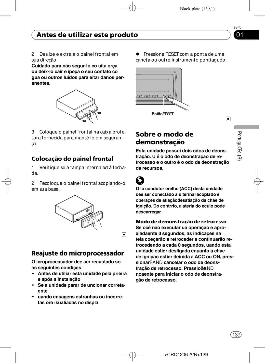 Pioneer DEH-P8950BT Reajuste do microprocessador, Sobre o modo de Demonstração, Colocação do painel frontal 