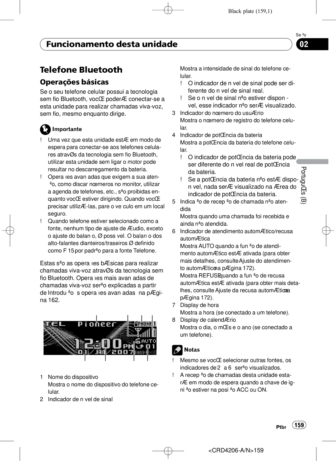 Pioneer DEH-P8950BT operation manual Funcionamento desta unidade Telefone Bluetooth, 159 