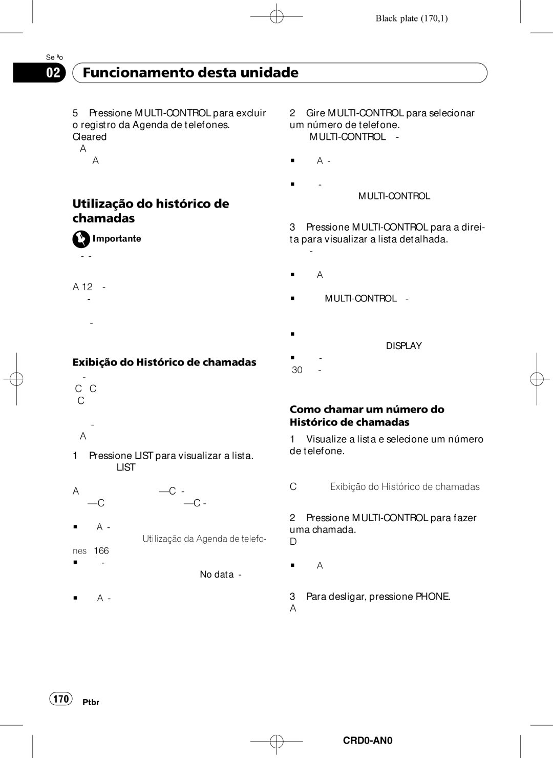 Pioneer DEH-P8950BT Utilização do histórico de chamadas, Exibição do Histórico de chamadas, Nes na página, CRD4206-A/N170 
