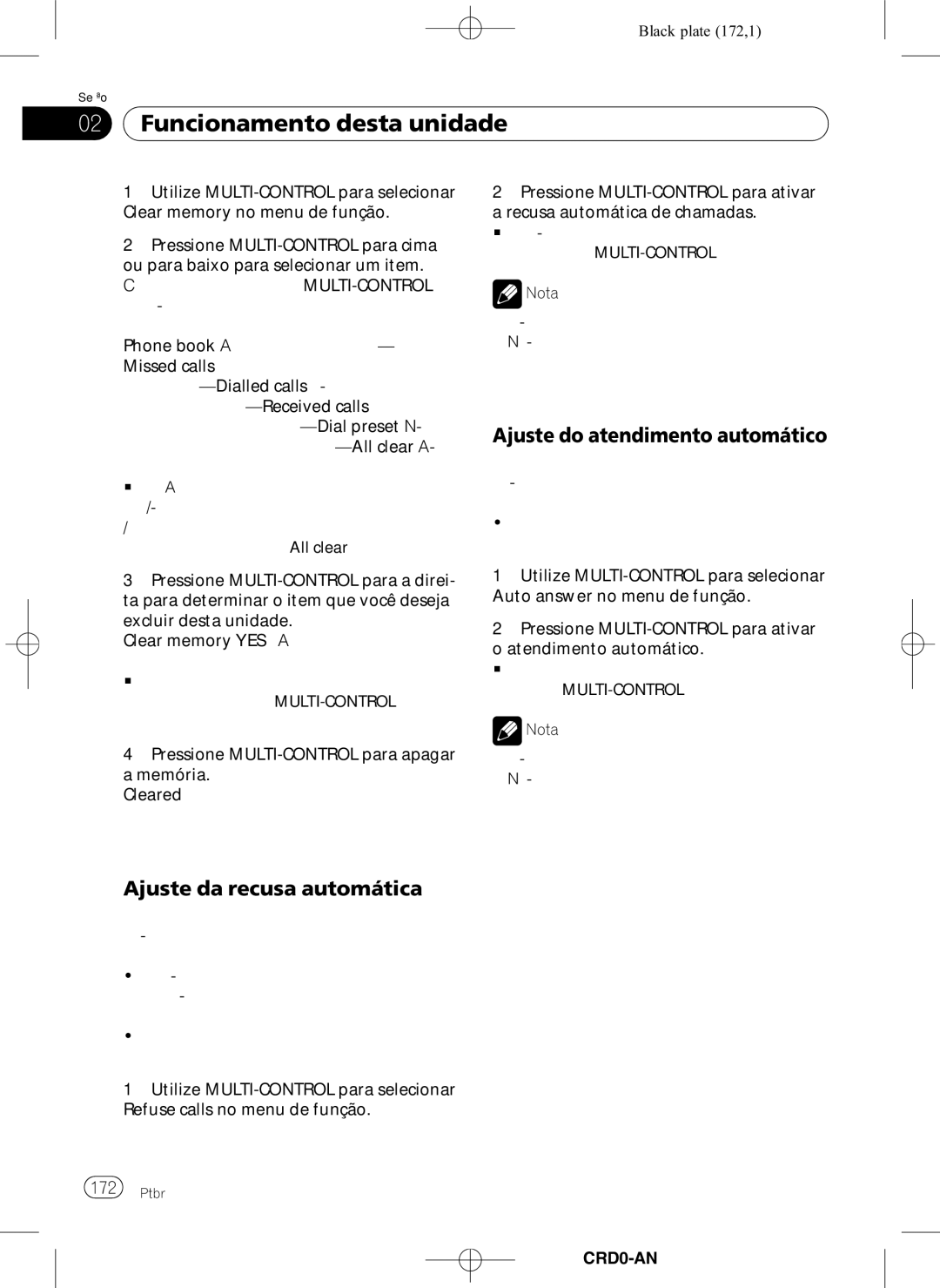 Pioneer DEH-P8950BT operation manual Ajuste da recusa automática, Ajuste do atendimento automático, CRD4206-A/N172 