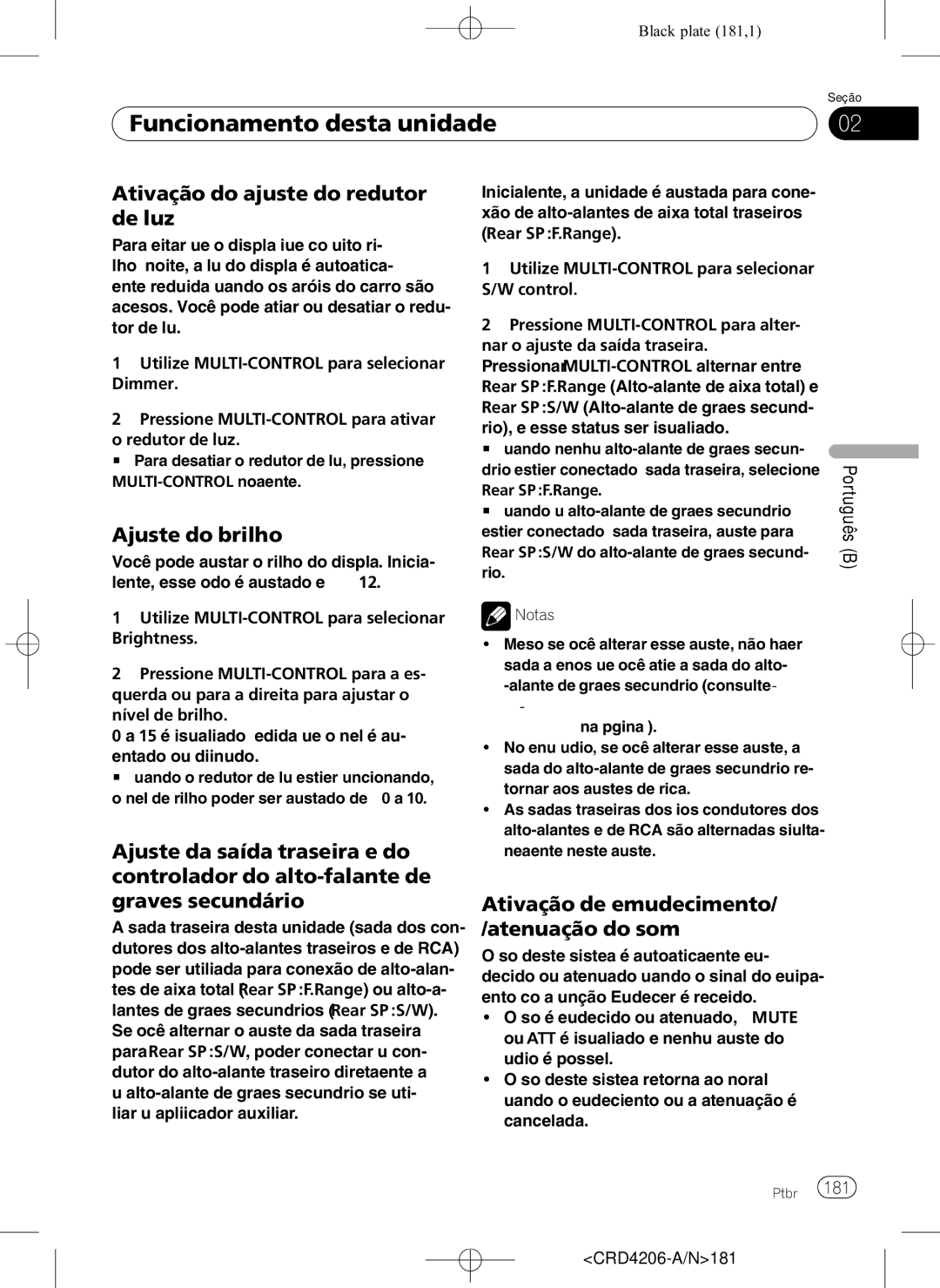 Pioneer DEH-P8950BT Ativação do ajuste do redutor de luz, Ajuste do brilho, Rear SP F.Range, CRD4206-A/N181 