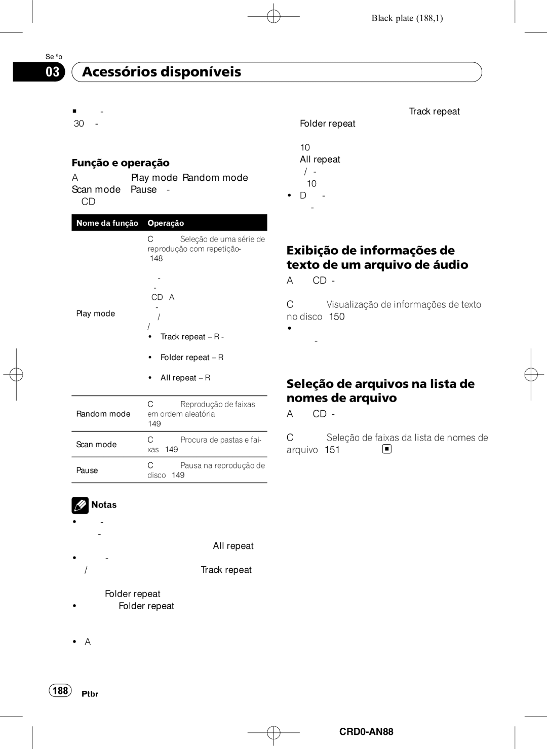 Pioneer DEH-P8950BT Acessórios disponíveis, Exibição de informações de texto de um arquivo de áudio, Função e operação 