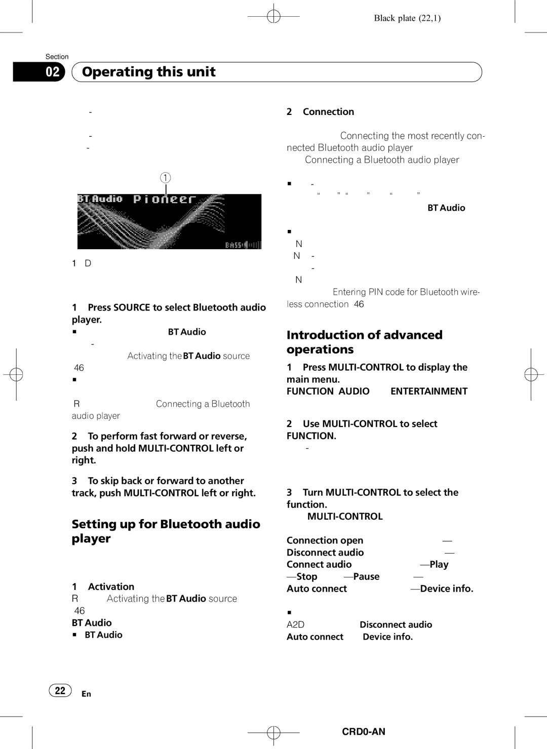 Pioneer DEH-P8950BT Setting up for Bluetooth audio player, Press Source to select Bluetooth audio Player, CRD4206-A/N22 