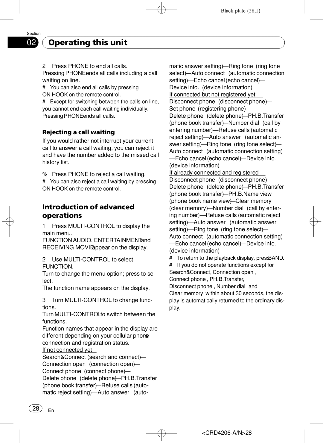 Pioneer DEH-P8950BT operation manual Rejecting a call waiting, CRD4206-A/N28 