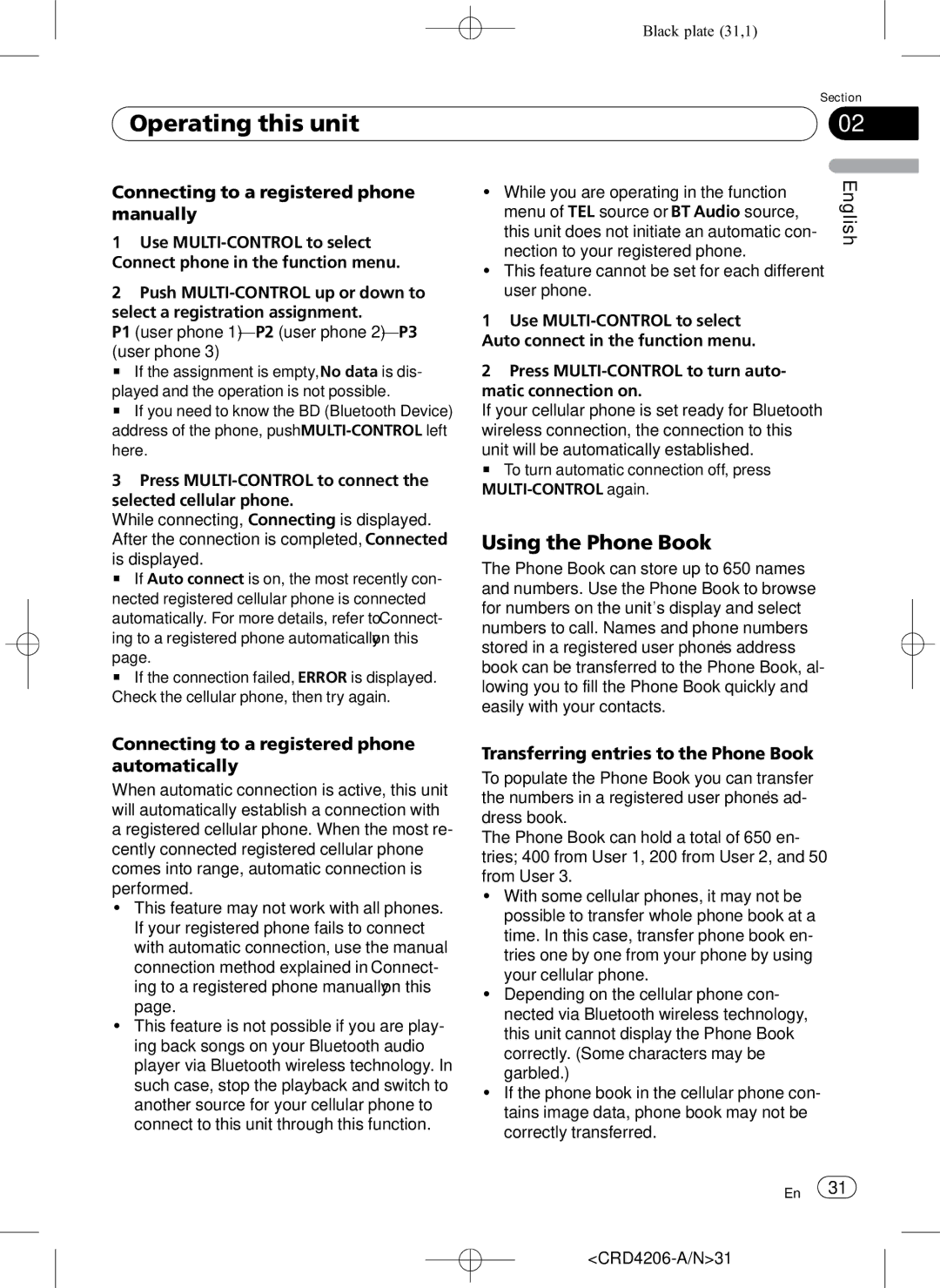 Pioneer DEH-P8950BT operation manual Using the Phone Book, Connecting to a registered phone manually, CRD4206-A/N31 