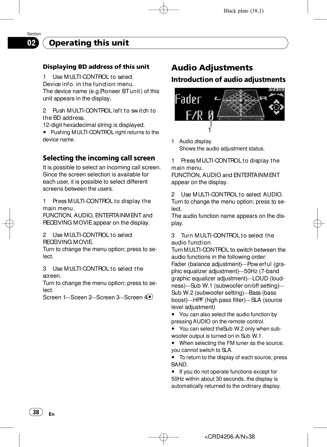 Pioneer DEH-P8950BT Audio Adjustments, Introduction of audio adjustments, Selecting the incoming call screen 