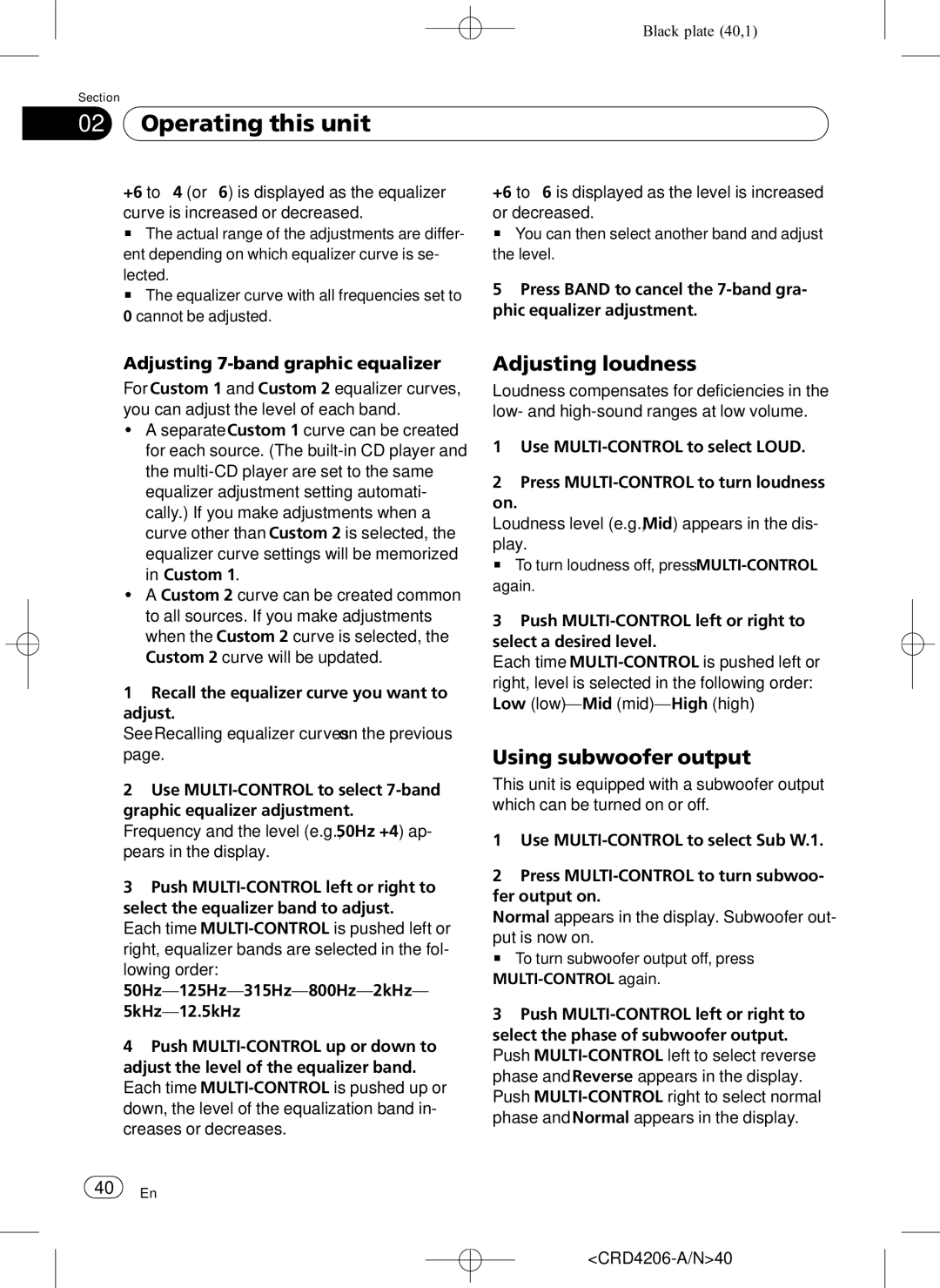 Pioneer DEH-P8950BT Adjusting loudness, Using subwoofer output, Adjusting 7-band graphic equalizer, CRD4206-A/N40 