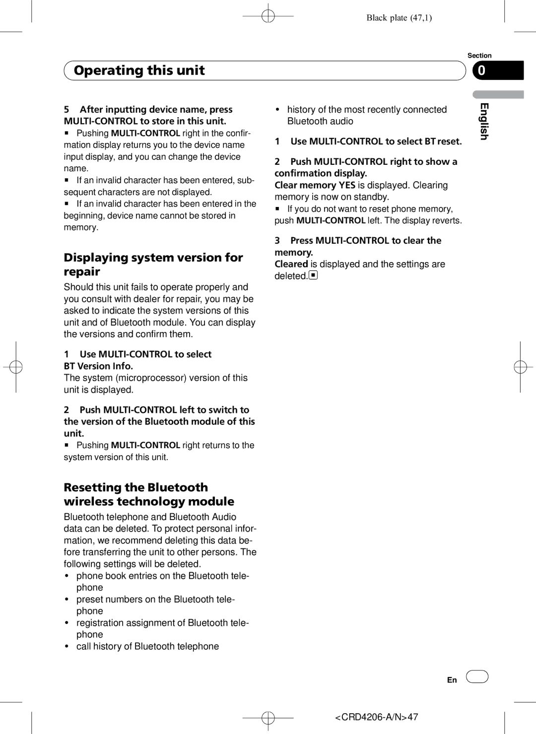 Pioneer DEH-P8950BT Displaying system version for repair, Resetting the Bluetooth wireless technology module 