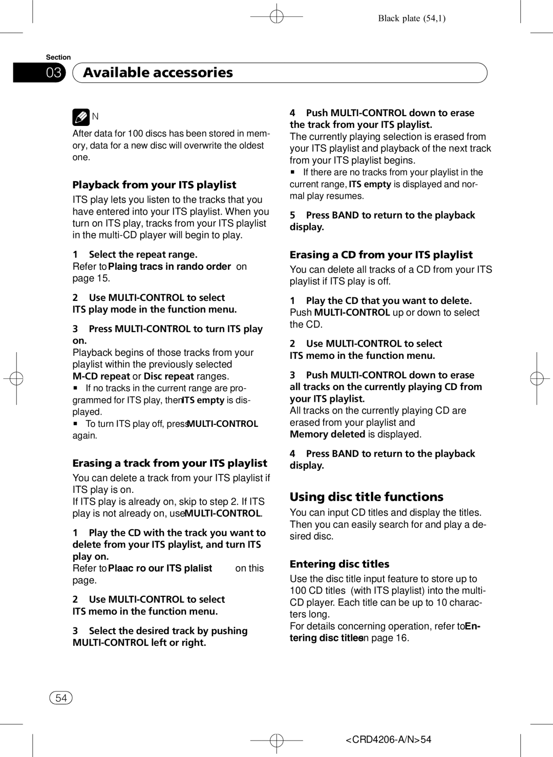 Pioneer DEH-P8950BT operation manual Playback from your ITS playlist, Erasing a track from your ITS playlist, CRD4206-A/N54 