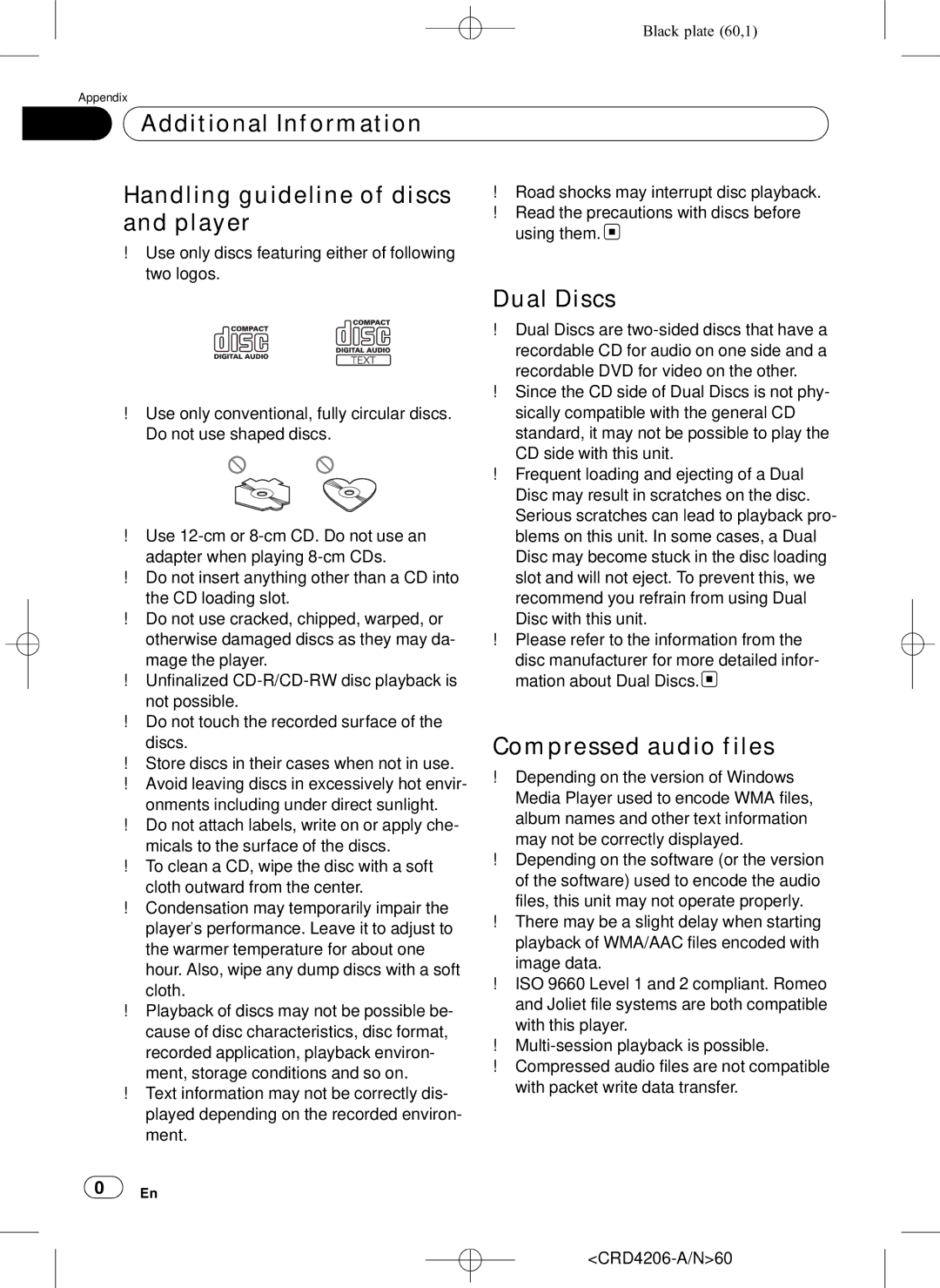 Pioneer DEH-P8950BT Additional Information Handling guideline of discs, Player, Dual Discs, Compressed audio files 