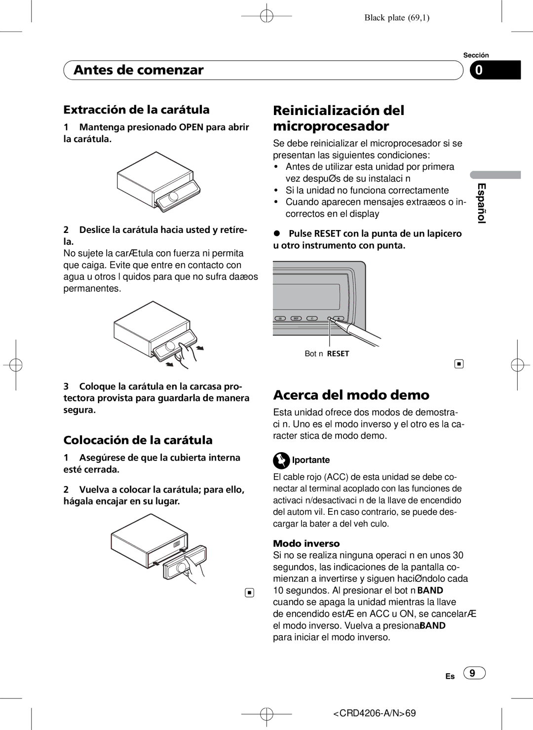 Pioneer DEH-P8950BT operation manual Reinicialización del, Microprocesador, Acerca del modo demo, Extracción de la carátula 