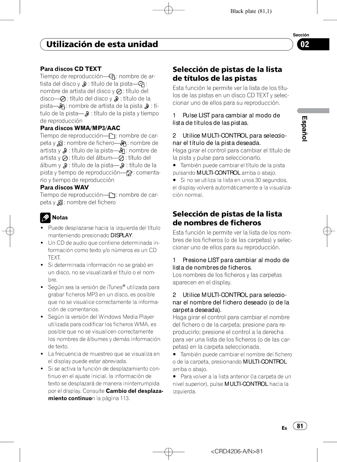 Pioneer DEH-P8950BT operation manual Selección de pistas de la lista de títulos de las pistas 