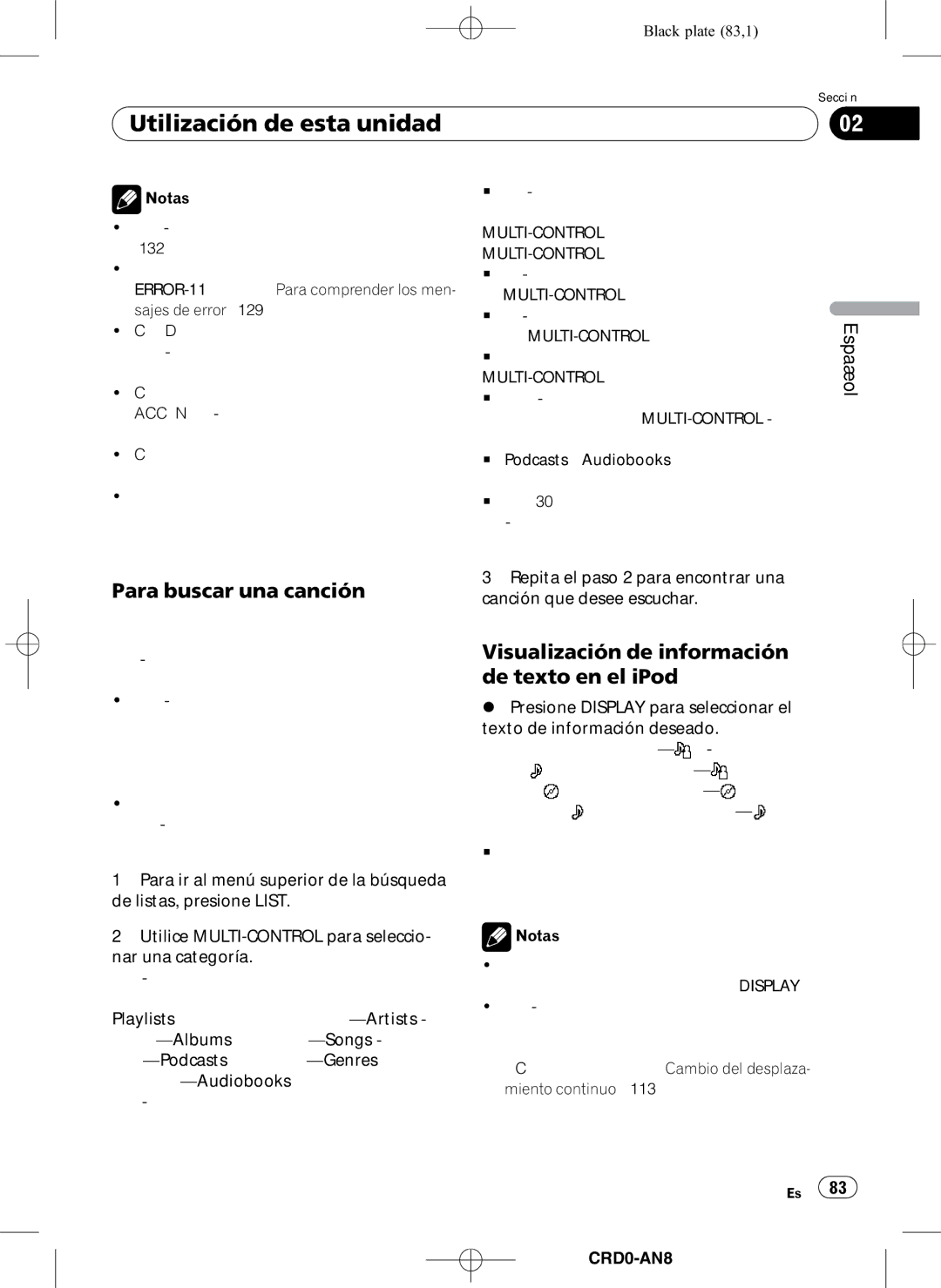 Pioneer DEH-P8950BT Para buscar una canción, Visualización de información de texto en el iPod, CRD4206-A/N83 
