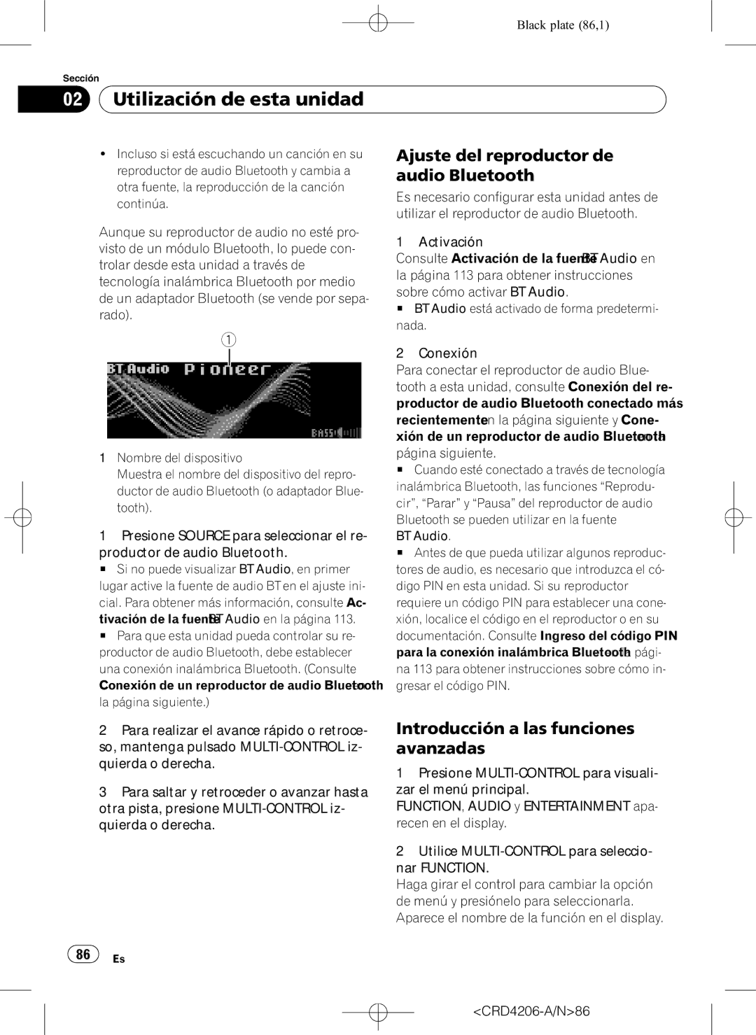 Pioneer DEH-P8950BT operation manual Ajuste del reproductor de audio Bluetooth, BT Audio 