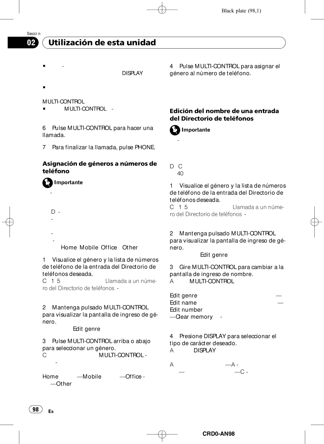 Pioneer DEH-P8950BT operation manual Asignación de géneros a números de teléfono, CRD4206-A/N98 