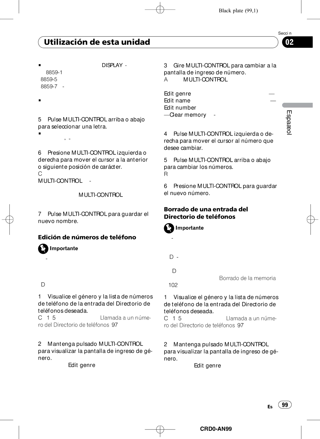 Pioneer DEH-P8950BT Edición de números de teléfono, Borrado de una entrada del Directorio de teléfonos, CRD4206-A/N99 