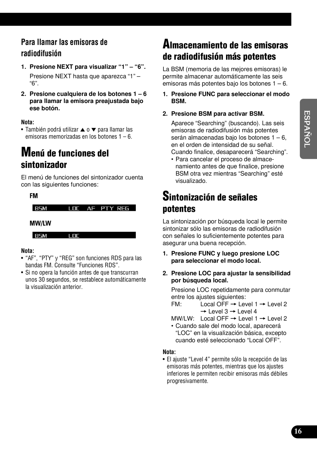 Pioneer DEH-P900HDD operation manual Menú de funciones del sintonizador, Sintonización de señales potentes, Mw/Lw 