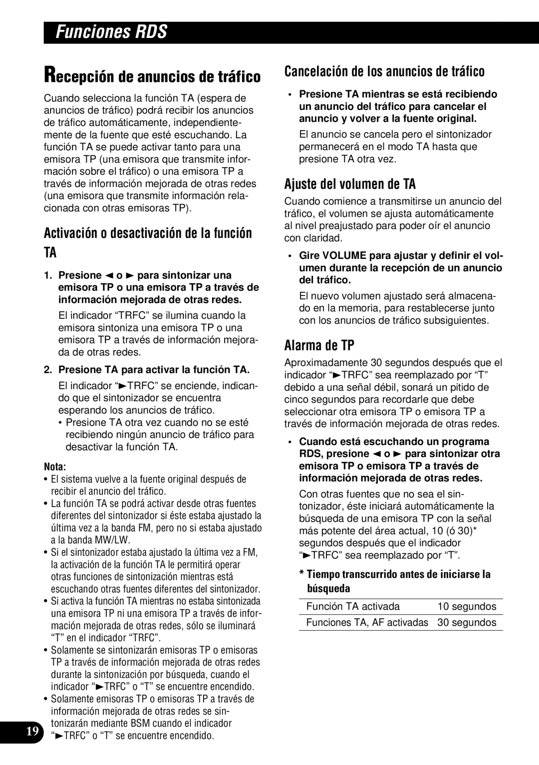 Pioneer DEH-P900HDD operation manual Recepción de anuncios de tráfico, Ajuste del volumen de TA, Alarma de TP 