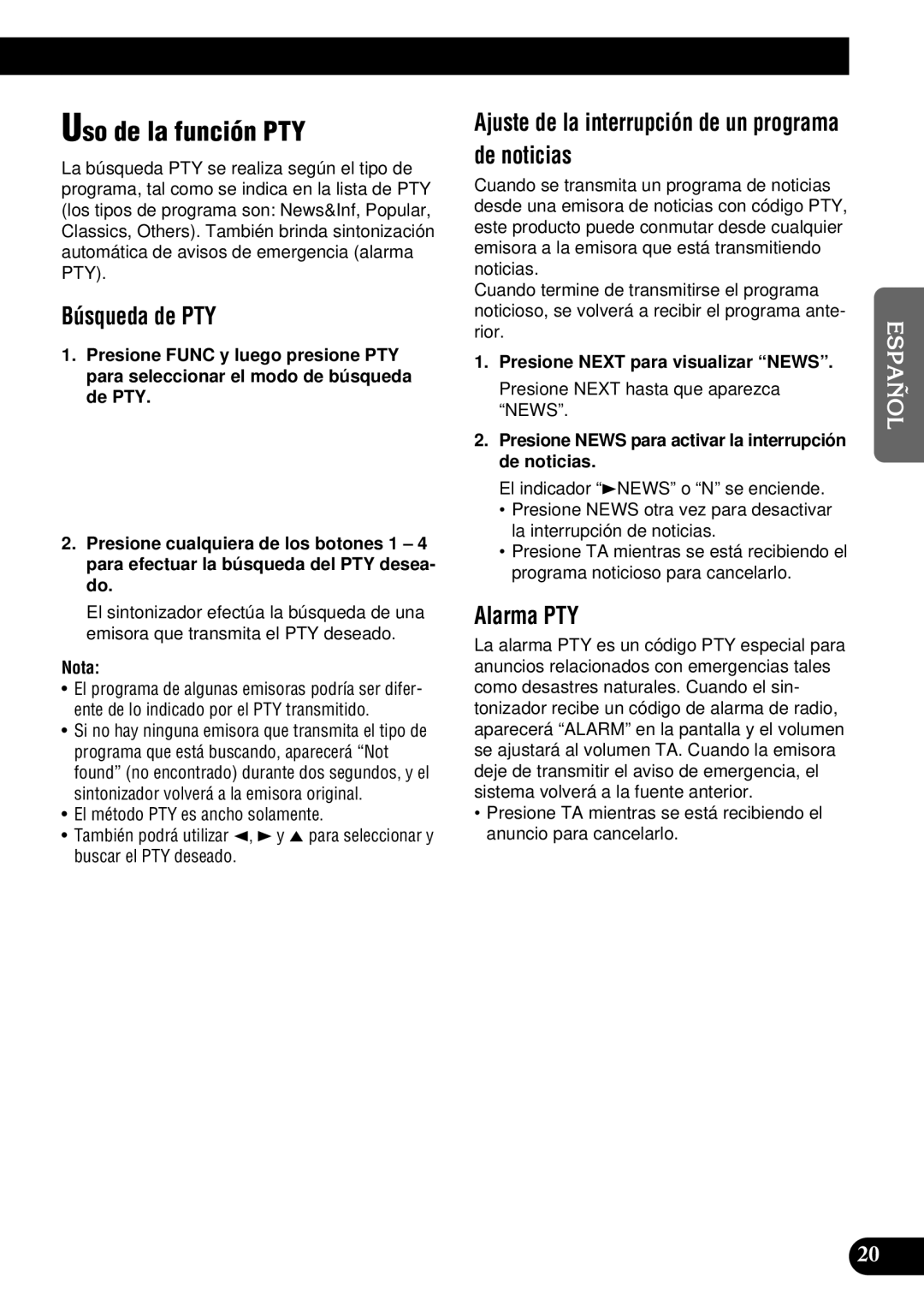 Pioneer DEH-P900HDD Uso de la función PTY, Búsqueda de PTY, Ajuste de la interrupción de un programa de noticias 