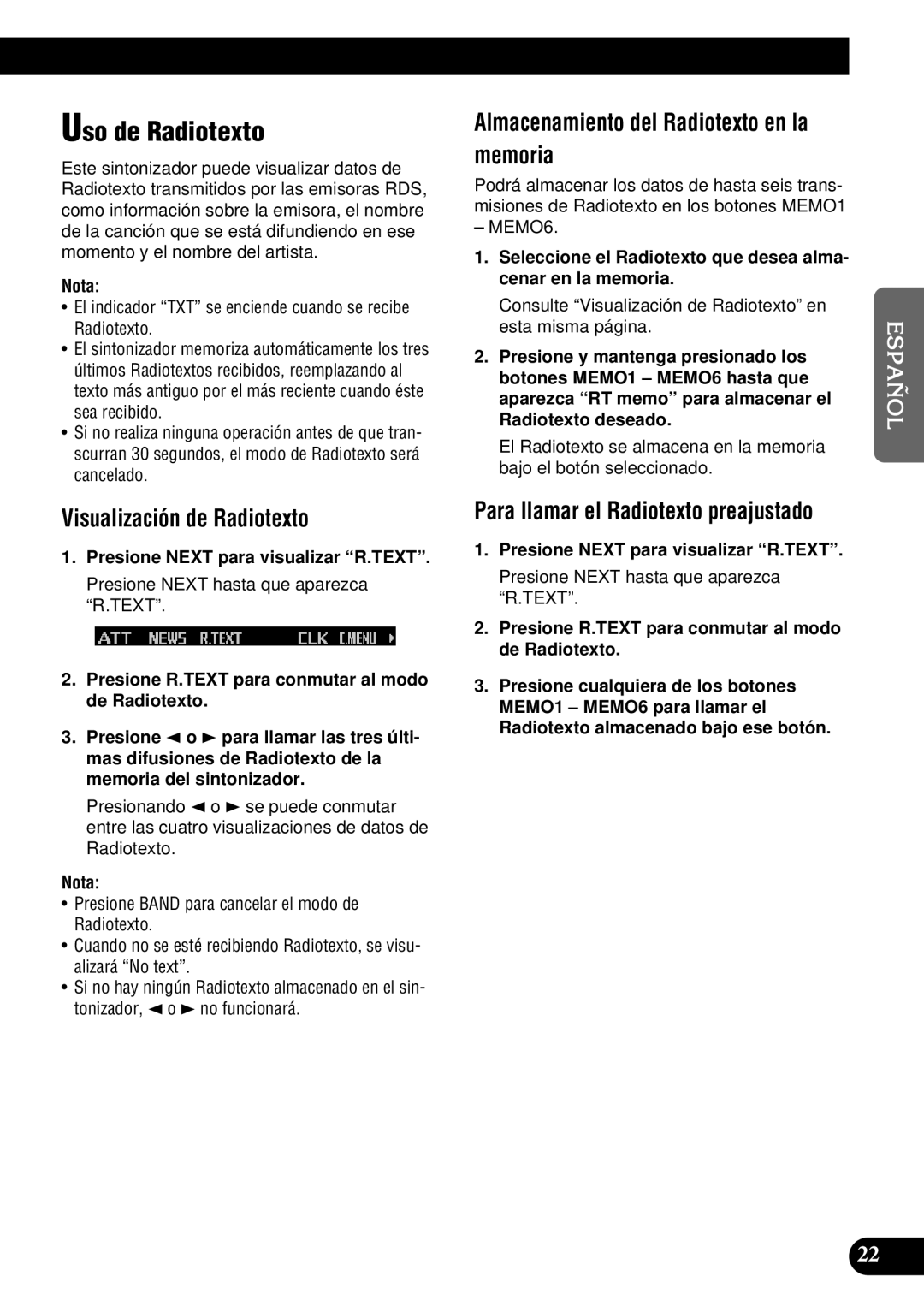 Pioneer DEH-P900HDD Uso de Radiotexto, Visualización de Radiotexto, Almacenamiento del Radiotexto en la, Memoria 