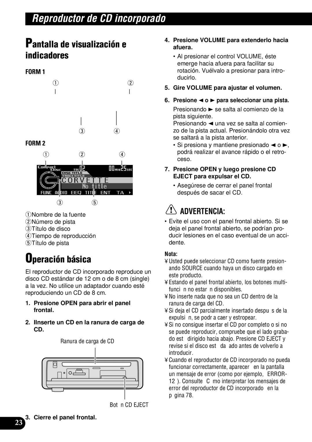 Pioneer DEH-P900HDD operation manual Reproductor de CD incorporado, Ranura de carga de CD Botón CD Eject 