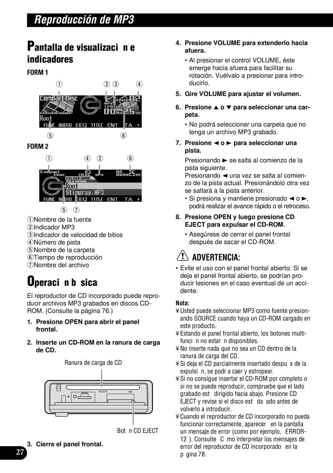 Pioneer DEH-P900HDD operation manual Reproducción de MP3, Pantalla de visualización e indicadores 