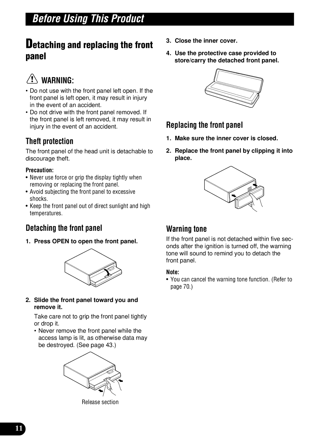 Pioneer DEH-P900HDD operation manual Detaching and replacing the front panel, Theft protection, Replacing the front panel 