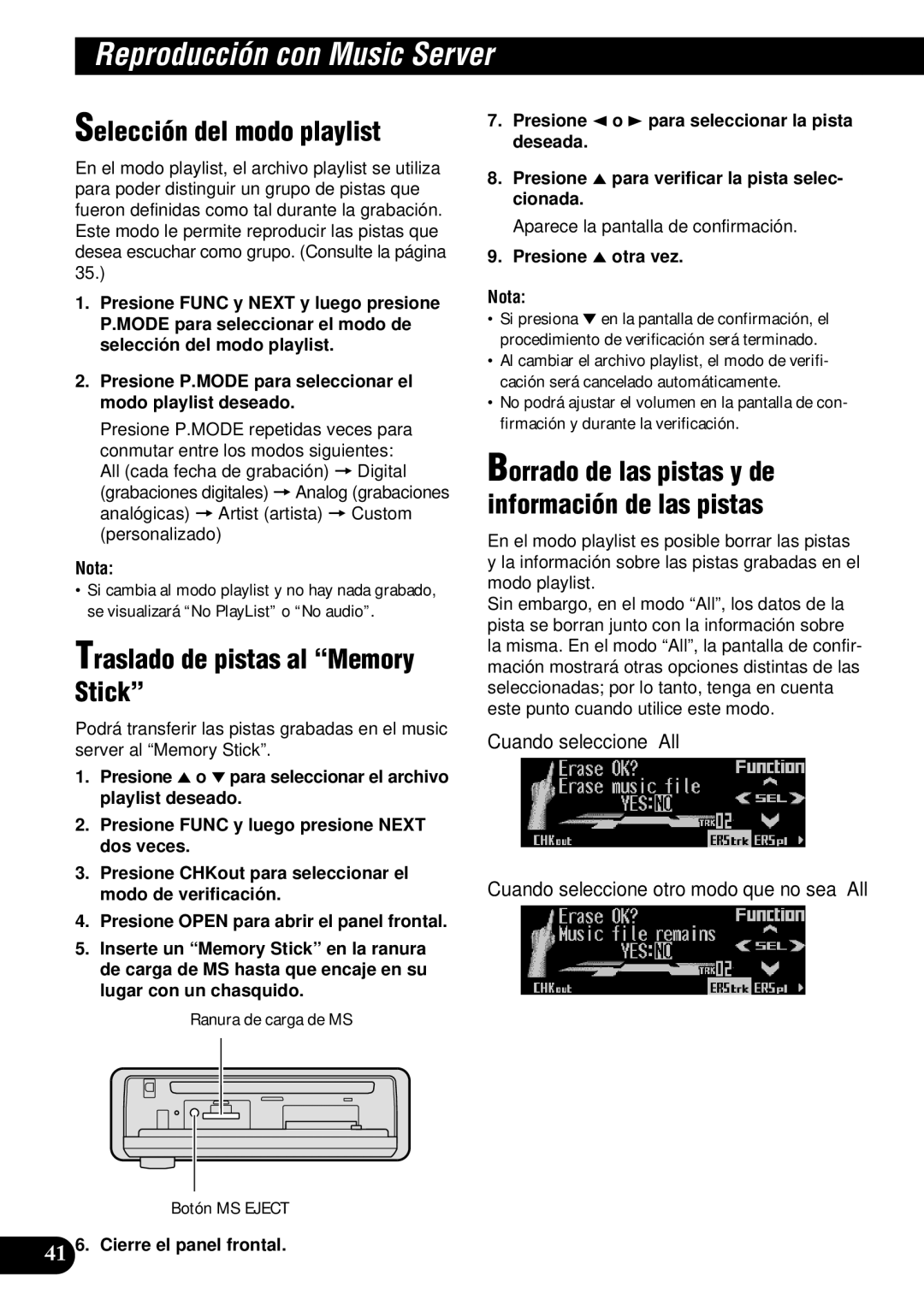 Pioneer DEH-P900HDD Traslado de pistas al Memory Stick, Borrado de las pistas y de información de las pistas 