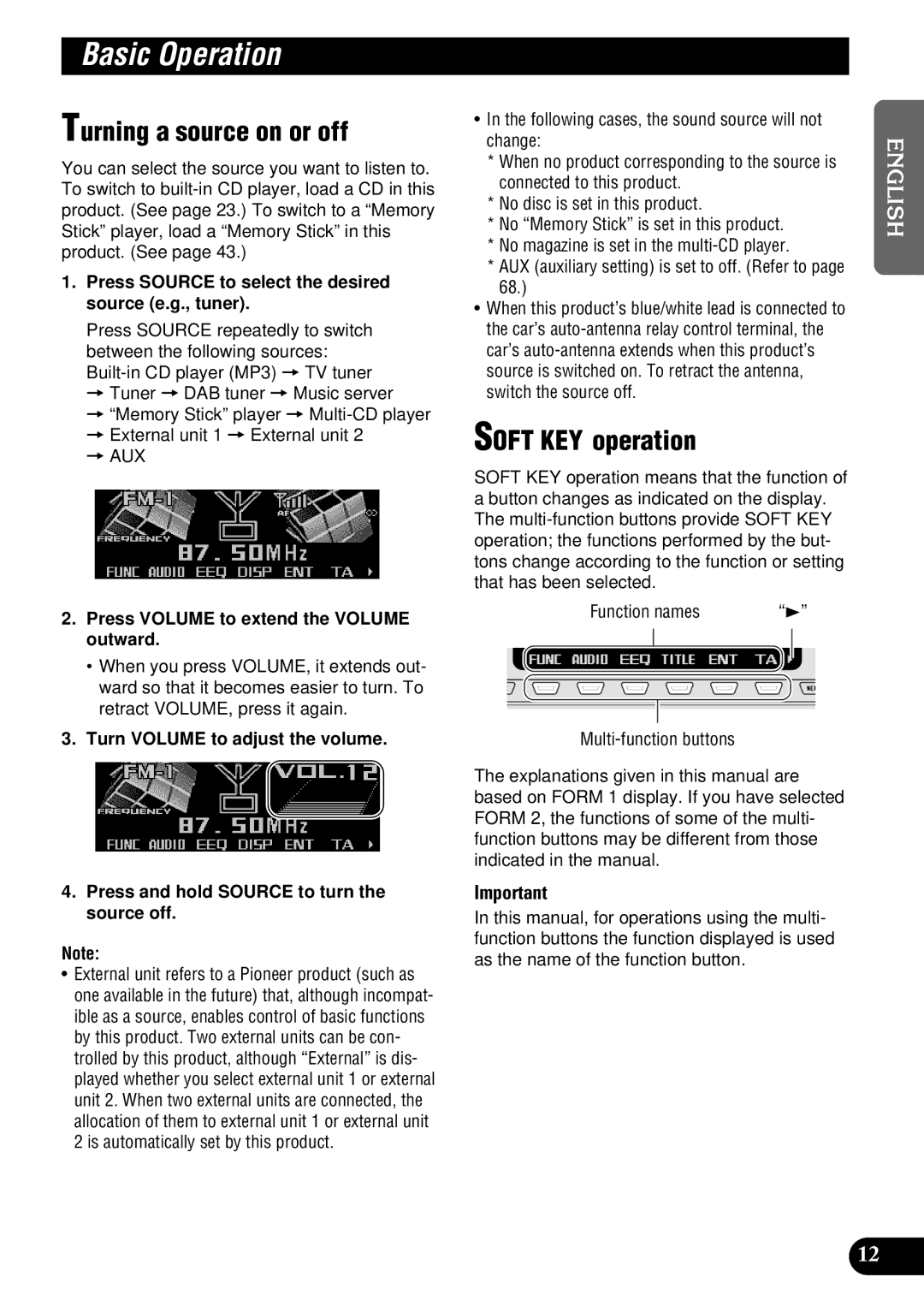 Pioneer DEH-P900HDD operation manual Basic Operation, Turning a source on or off, Soft KEY operation 