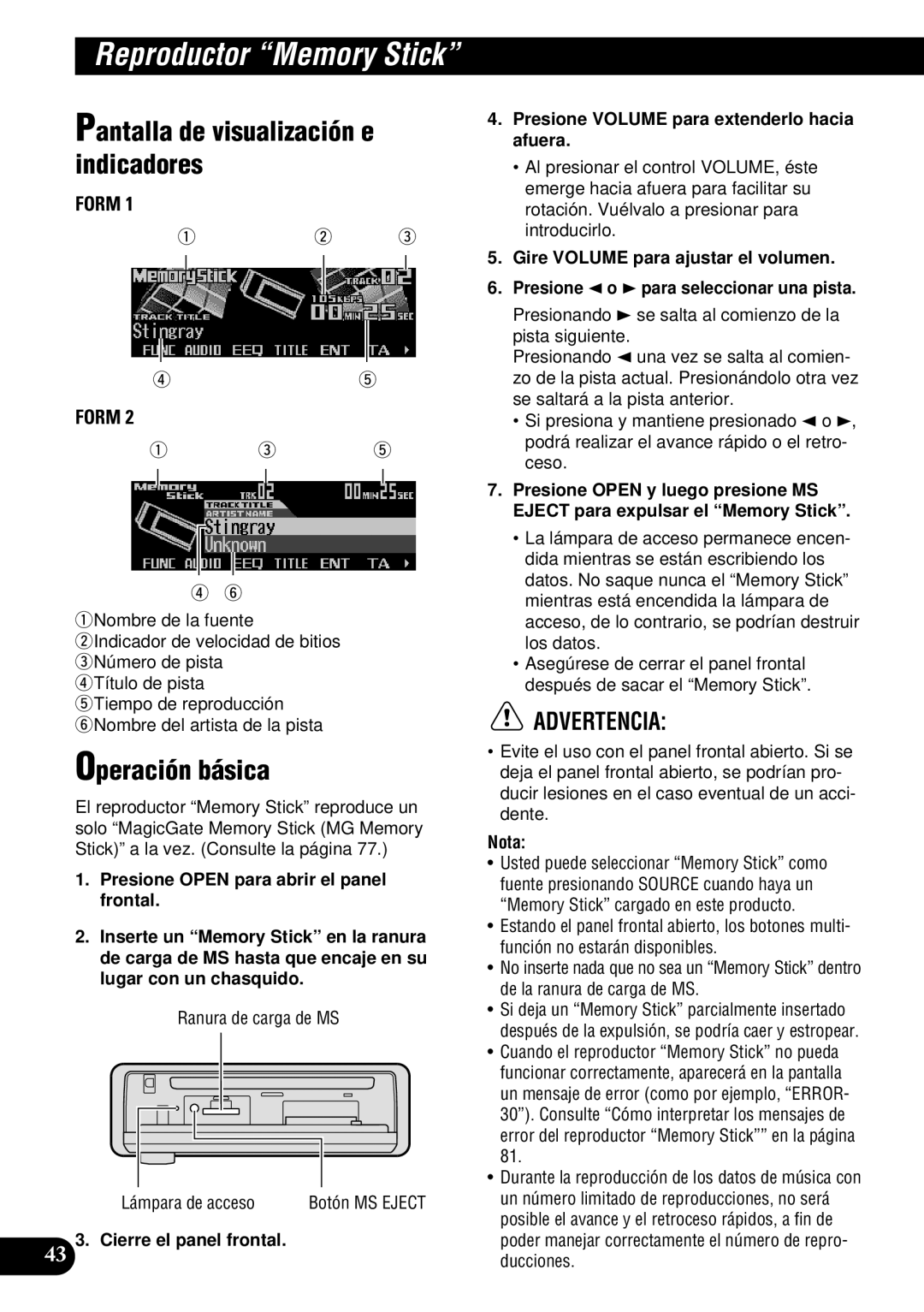 Pioneer DEH-P900HDD operation manual Reproductor Memory Stick, Ranura de carga de MS Lámpara de acceso 