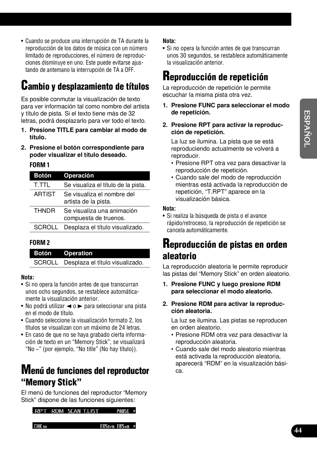 Pioneer DEH-P900HDD operation manual Menú de funciones del reproductor Memory Stick, Botón Operación, Botón Operation 