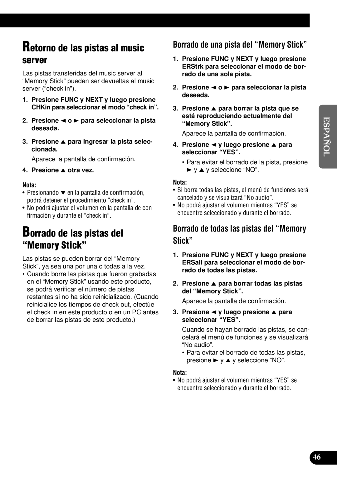 Pioneer DEH-P900HDD operation manual Retorno de las pistas al music server, Borrado de las pistas del Memory Stick 