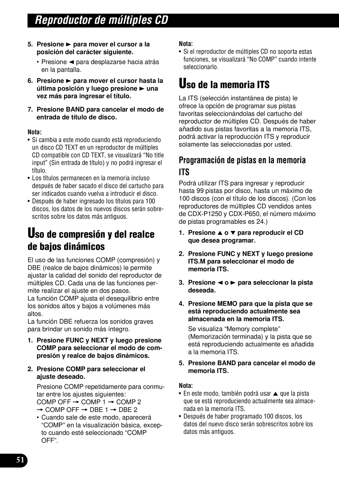 Pioneer DEH-P900HDD operation manual Uso de compresión y del realce de bajos dinámicos, Uso de la memoria ITS 