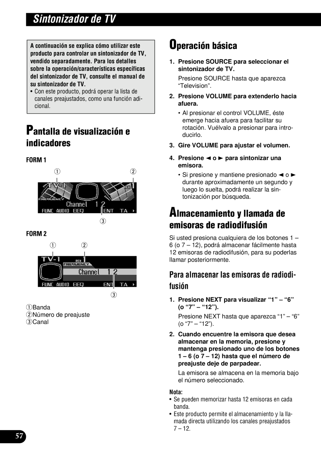 Pioneer DEH-P900HDD operation manual Sintonizador de TV, Almacenamiento y llamada de emisoras de radiodifusión 