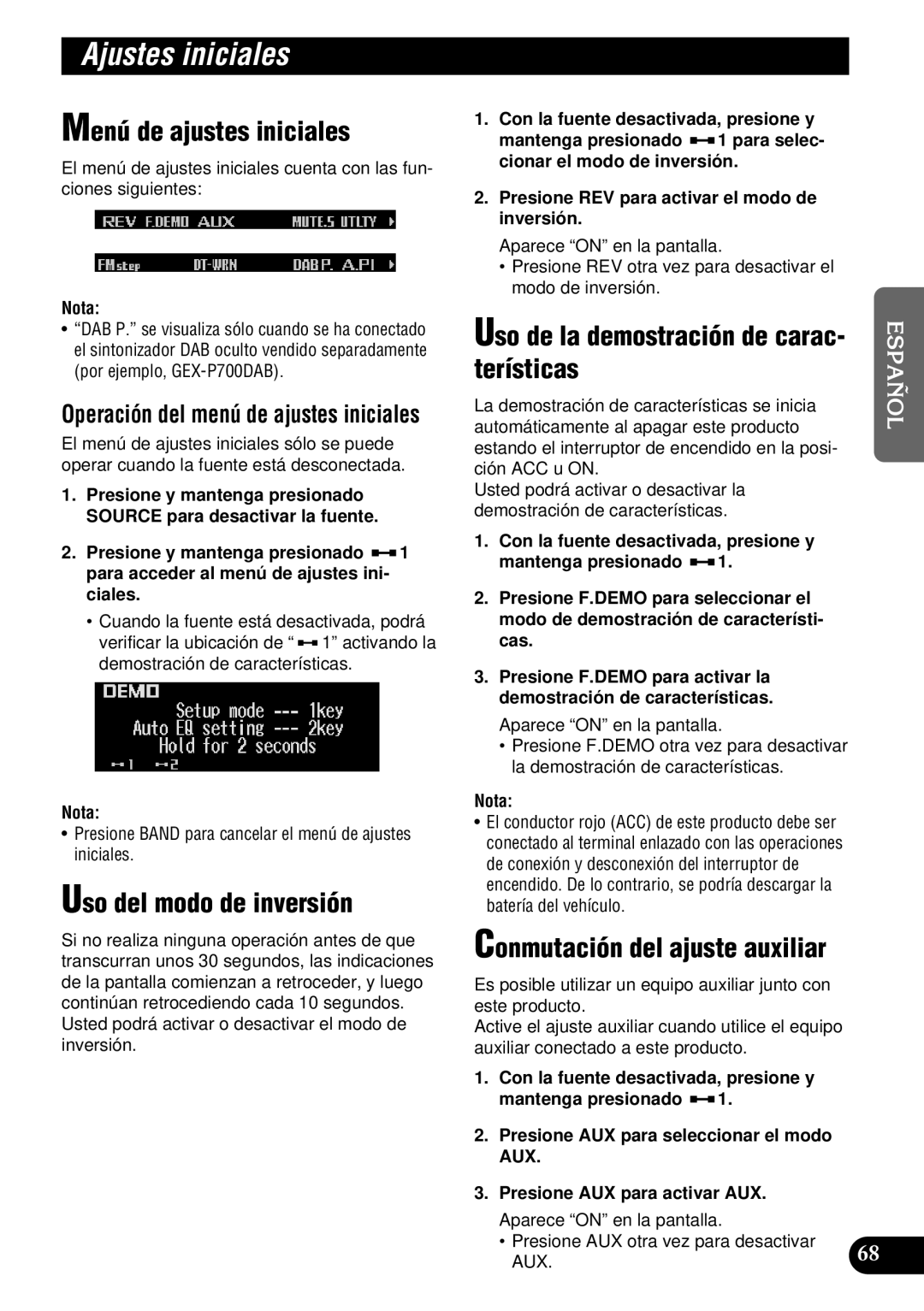 Pioneer DEH-P900HDD operation manual Ajustes iniciales, Menú de ajustes iniciales, Uso del modo de inversión 