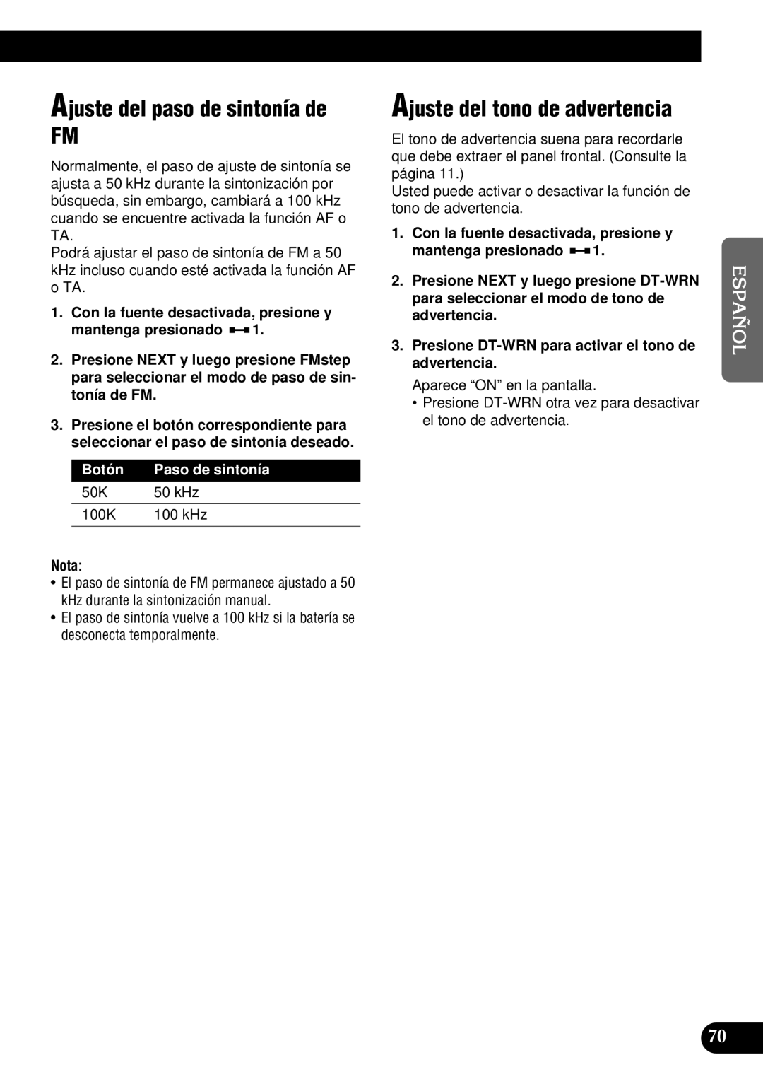 Pioneer DEH-P900HDD operation manual Ajuste del paso de sintonía de, Ajuste del tono de advertencia, Botón Paso de sintonía 